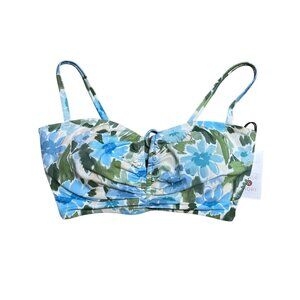 SHADE & SHORE BIKINI TOP FLORAL BLUE GREEN TIE BACK KEYHOLE WOMEN'S 34DD NWT